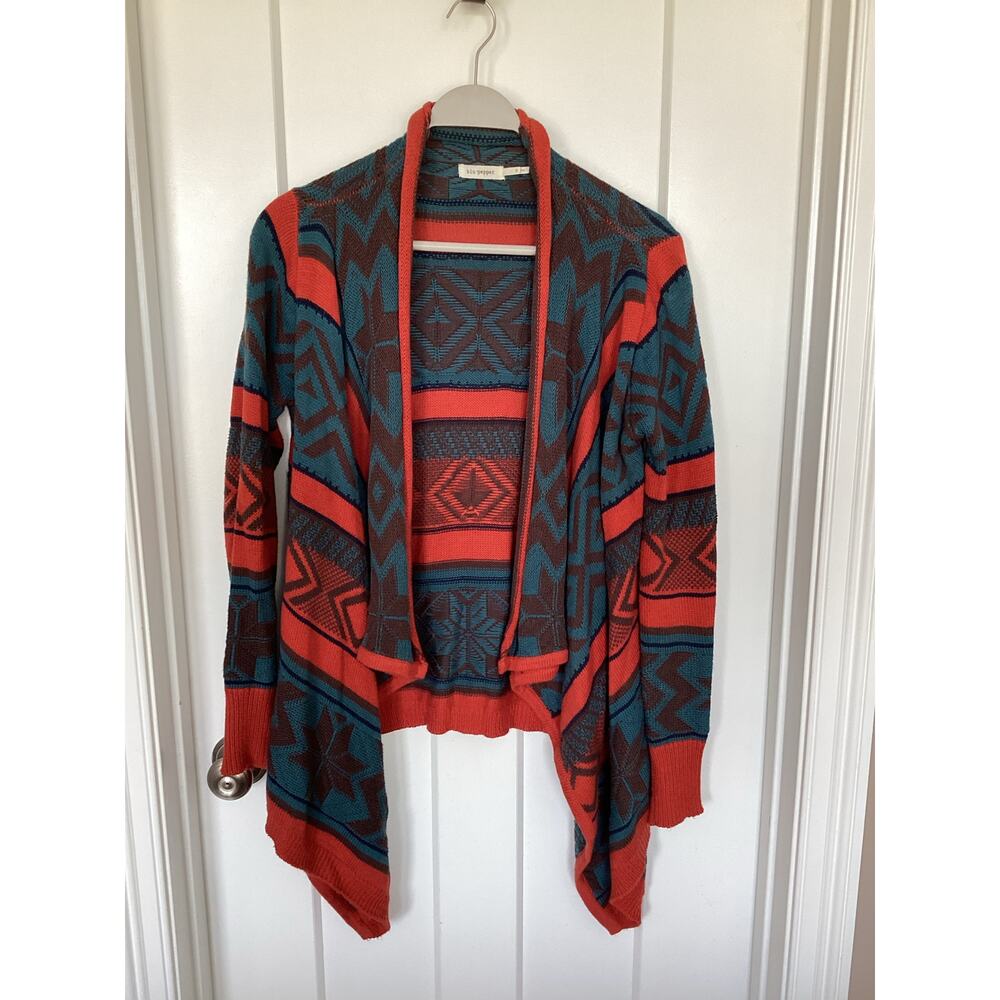 Blu Pepper southwest waterfall open cardigan Aztec print sweater women's small